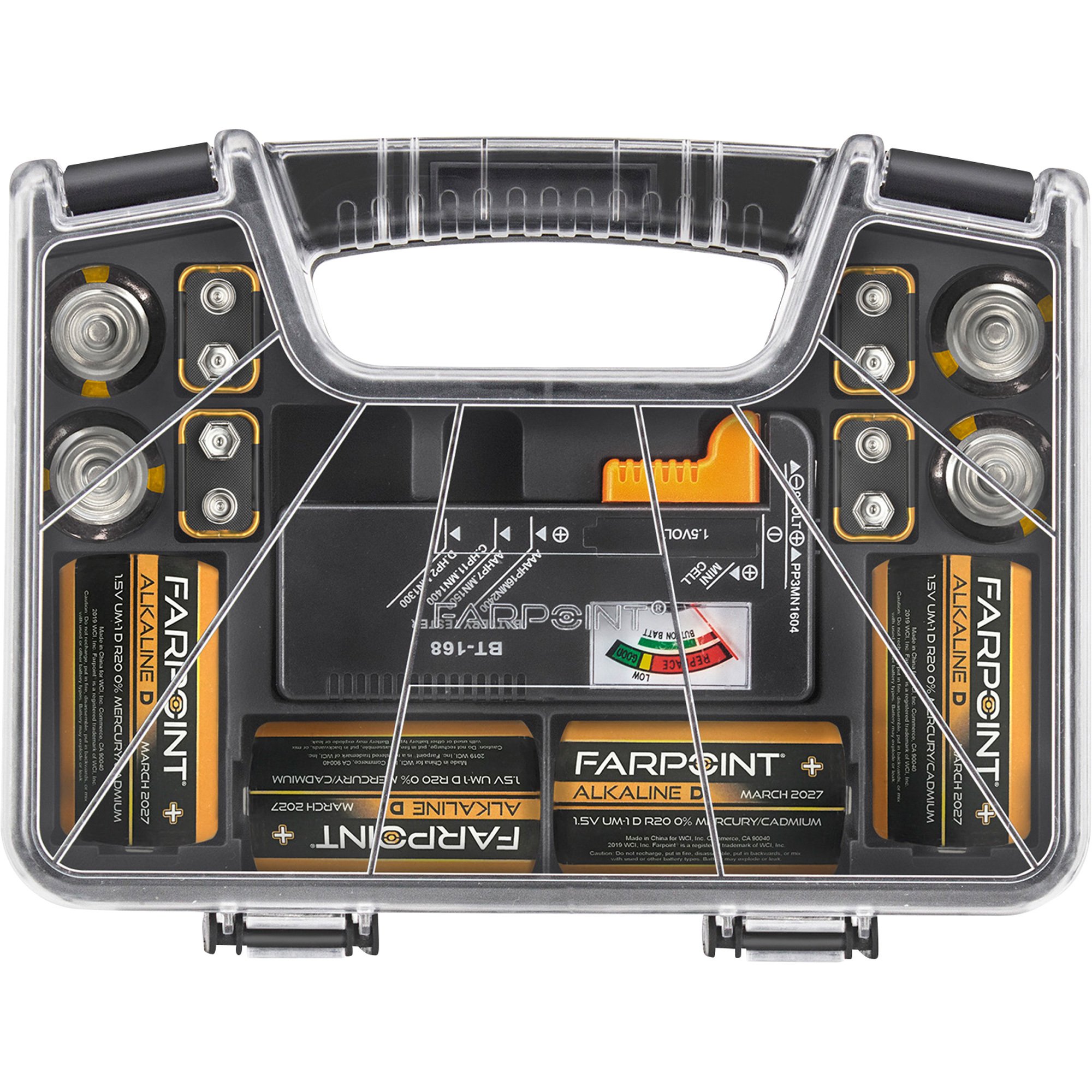 Farpoint Portable Battery Caddy with Tester, Holds 55 Batteries